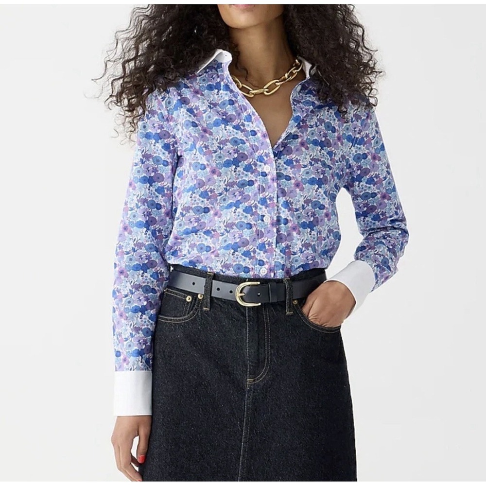 J.Crew Liberty Fabric Slim-fit Shirt Womens 10 Arrow‎ Floral Purple Blue Preppy